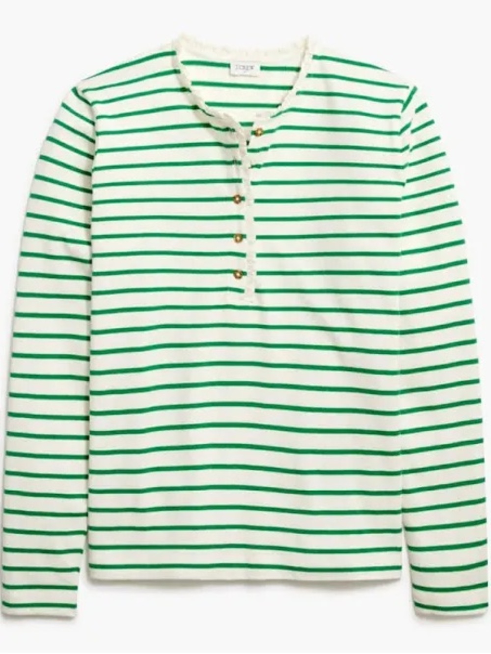 J. Crew Striped Green and White Ruffleneck Henley Top small
